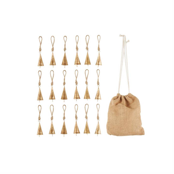 Tibetan Gold Cone Decorative Bells - Set/18 with Burlap Bag for wholesale by Will's Company