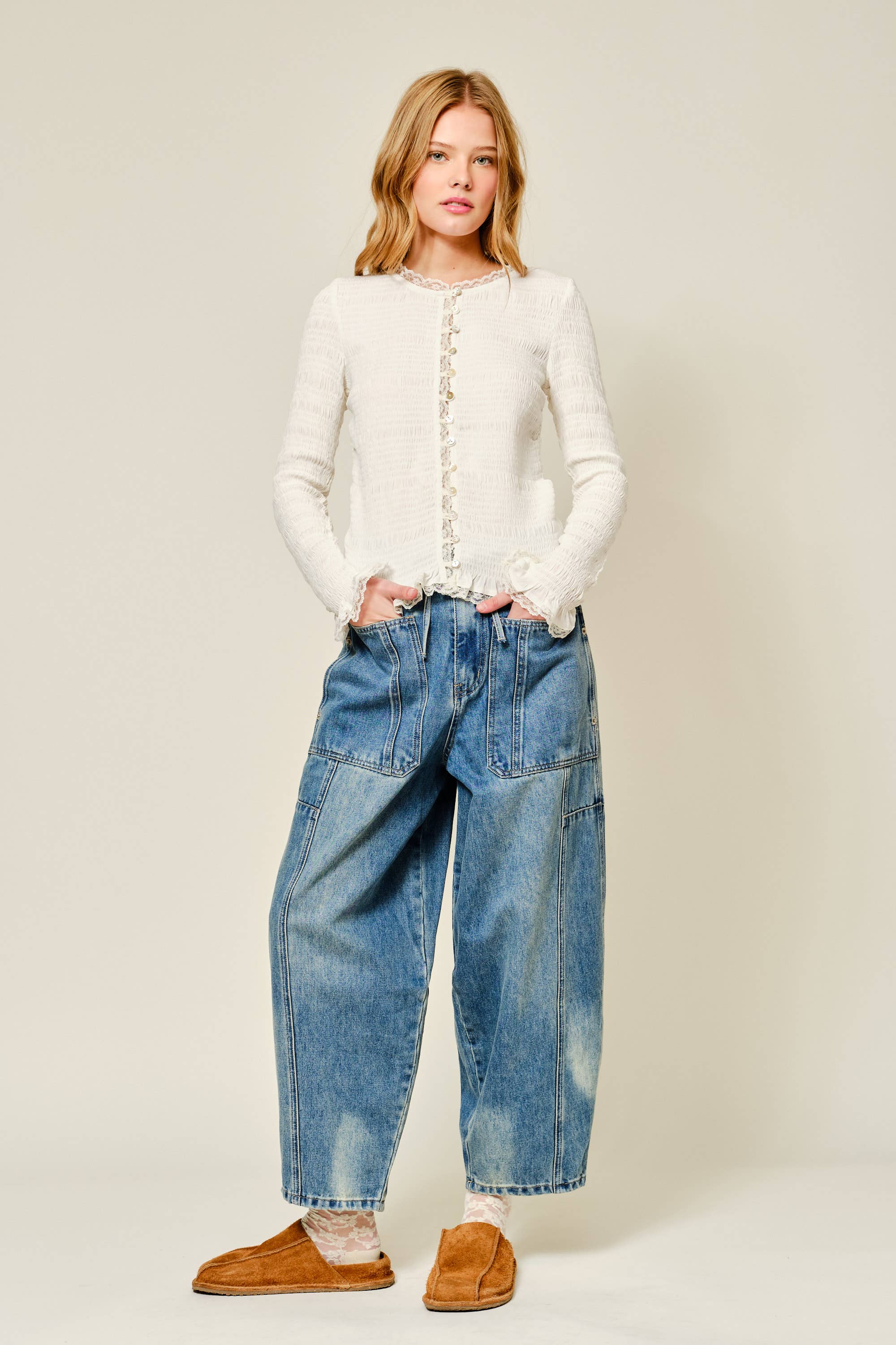 Aaron & Amber - Wholesale Knit Top - Women's - AJT5485 FULL SMOCKED BUTTON DOWN TOP WITH LACE EDGE5