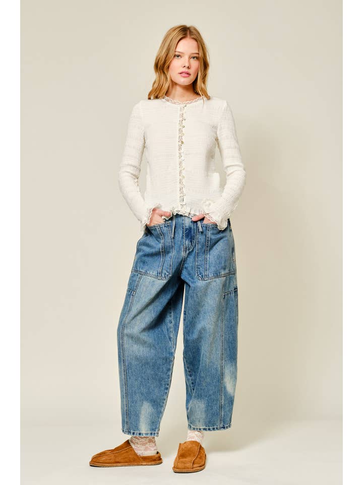 Aaron & Amber - Wholesale Knit Top - Women's - AJT5485 FULL SMOCKED BUTTON DOWN TOP WITH LACE EDGE5