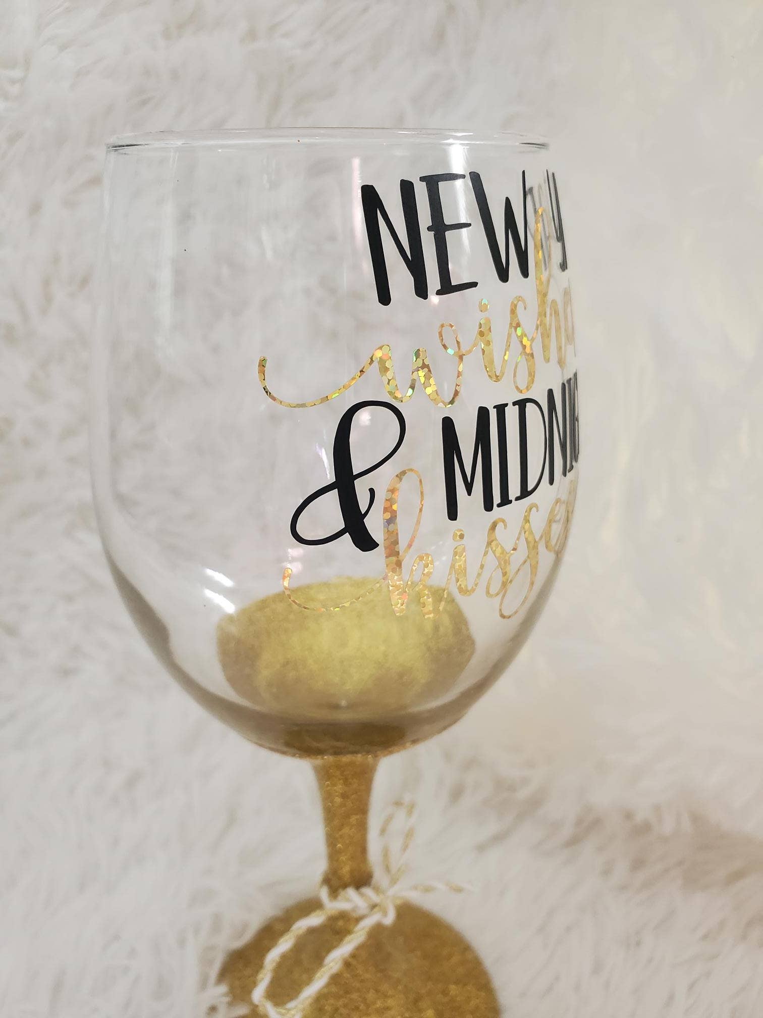 Tots And Tumblers Art - Wholesale Wine Glass - New Years Wishes Midnight Kisses Gold Glittered Stemmed Wine4