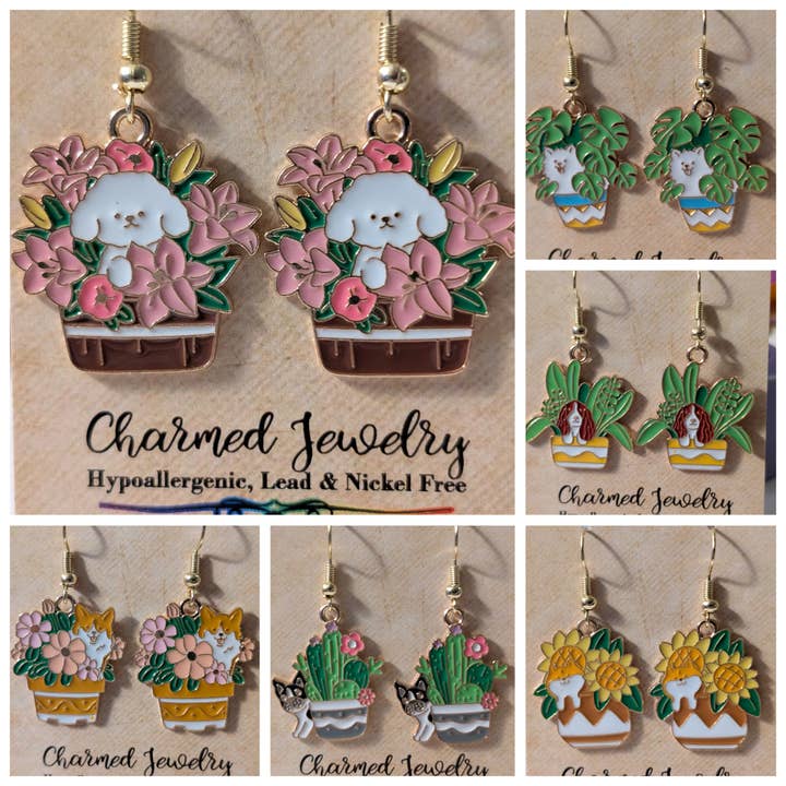 Potted Pups, Cute Dog & Plant Charm Hypoallergenic Earrings for wholesale by Con-Quest Crafts