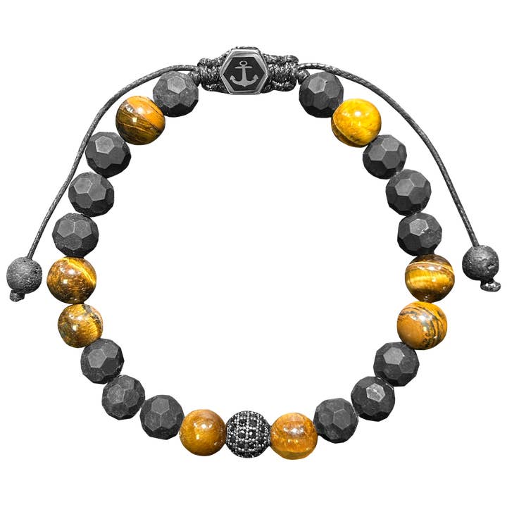 Bracelet en perles œil de tigre et noir avec perles ancre CZ pour la vente par AAB Style Inc.