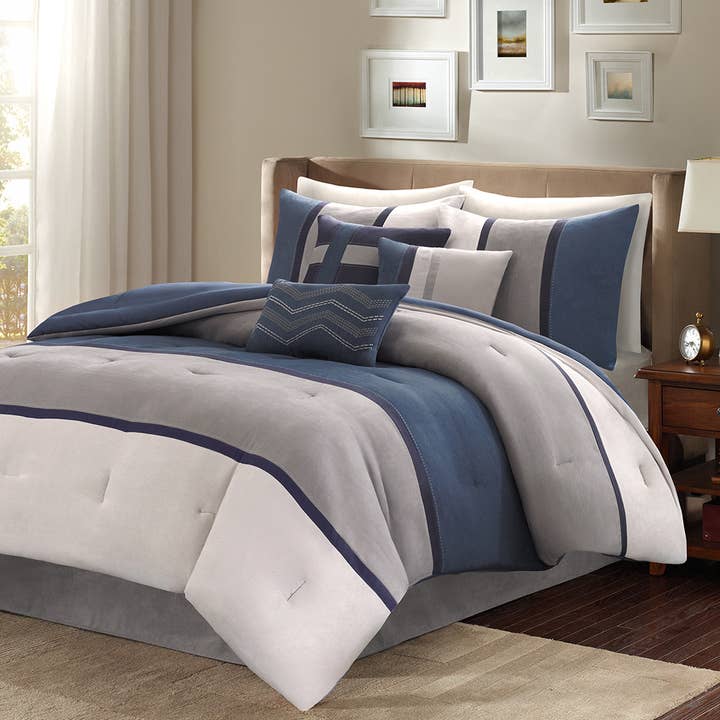 Palizzate Suede 7PC Comforter/6PC Duvet Cover Set, Blue for wholesale by Olliix