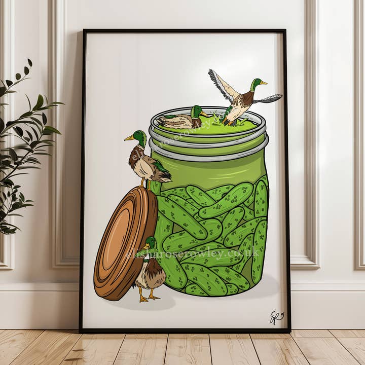 Pickle Pond - Ducks, Pickle Jar Animal Kitchen Print for wholesale by Elisha-Rose Rowley Art and Designs