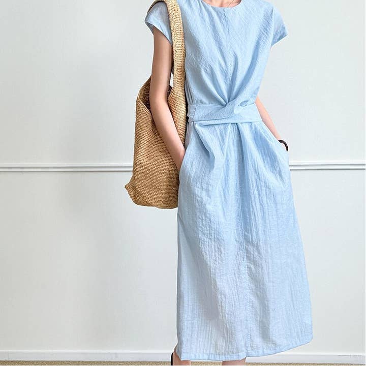 Solid Color Tie Waist Round Neck Short Sleeve Dress for wholesale by UZ Wholesale Store