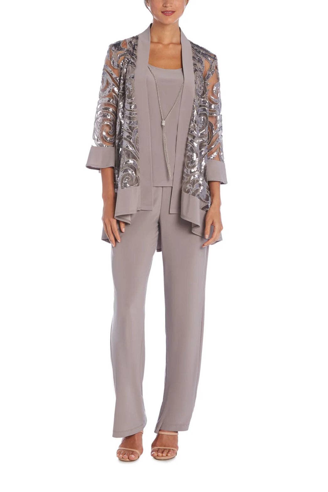 Immediate Apparel - Wholesale Suit Set - Women's - R&M Richards Scoop Neckline Top Sequin Jacket Straight Hemline Pant Suit Set Dress with Detachable Necklace1