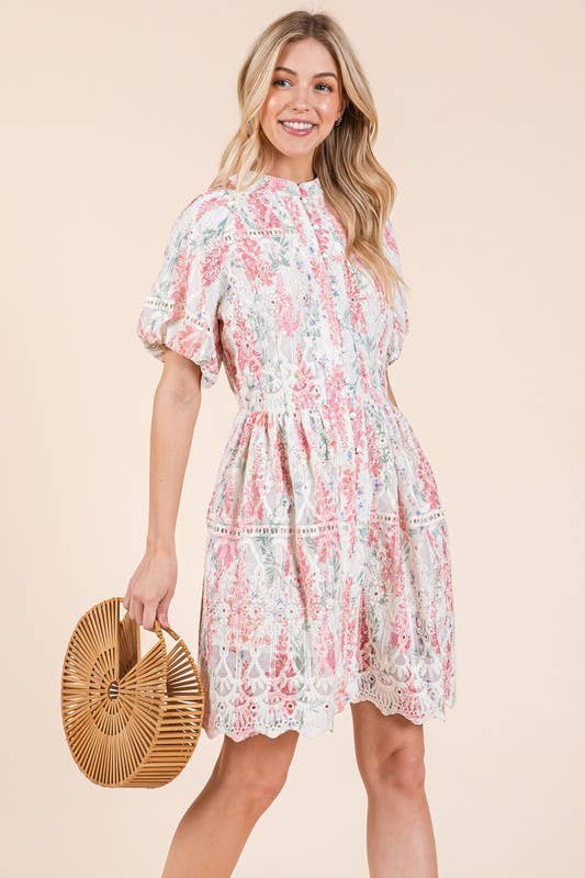 Pink Multi Floral Eyelet Lace Mini Shirt Dress, OD51255 for wholesale on Faire6