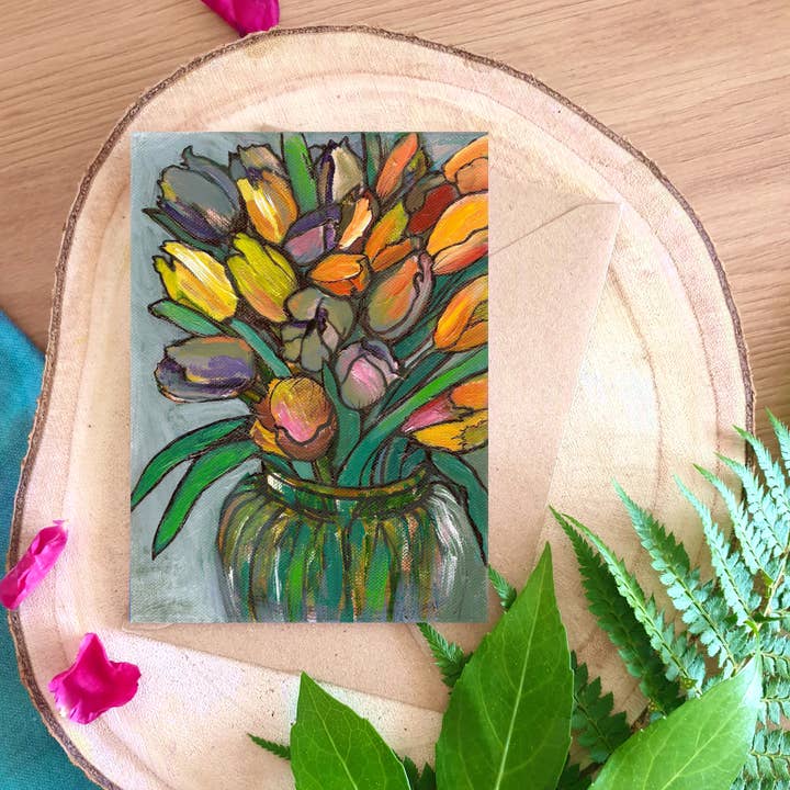 Plant Based Paintings - Wholesale Everyday Greeting Card - Tulips in Glass Vase - A6 Greetings Card