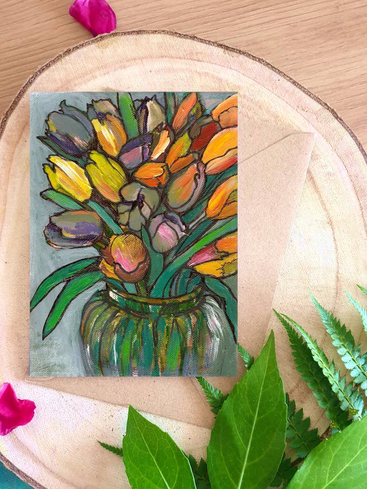 Tulipanes en jarrón de cristal, tarjeta de felicitación A6 para venta al por mayor de Plant Based Paintings