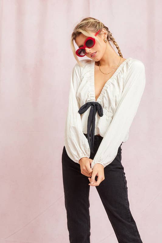 Ivory Poly Contrast Bow Top for wholesale on Faire2