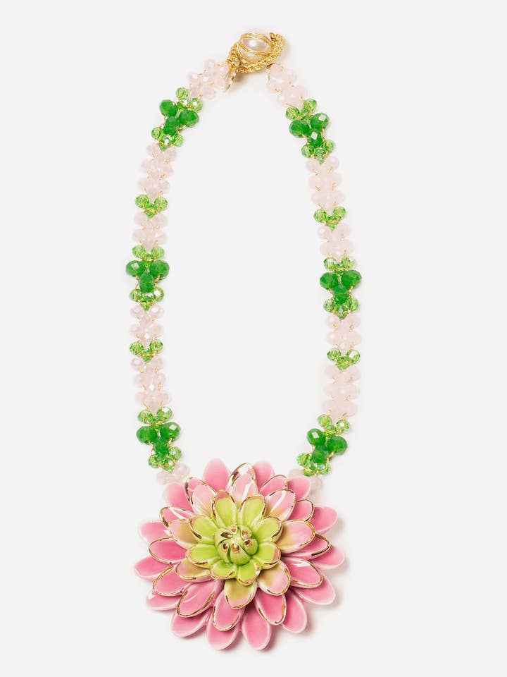 Collar corto de cerámica Dahlia grande rosa/verde para venta al por mayor de CASHFANA