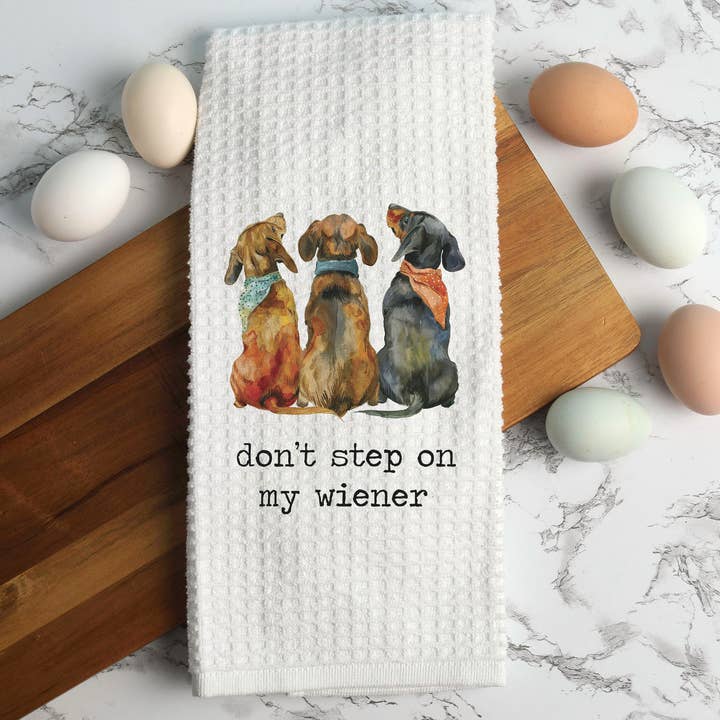 Don't Step on Wiener Dog Kitchen Towel, Dog Dish Towel for wholesale by Canary Road