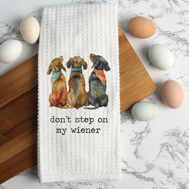 Don't Step on Wiener Dog Kitchen Towel, Dog Dish Towel for wholesale by Canary Road