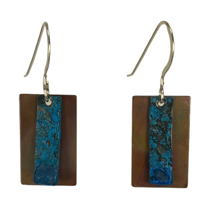 Earring Flame Oxidized Small Rectangle with Small Blue Strip for wholesale by David Stepan