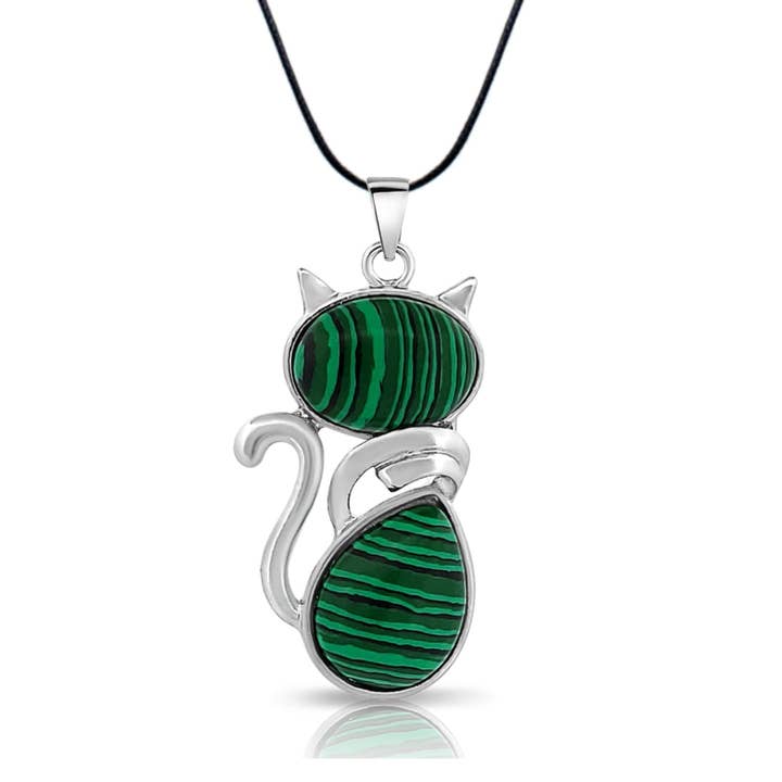 BeSheek Malachite Gemstone Kitty Cat Pendant Necklace for wholesale by BESHEEK JEWELRY