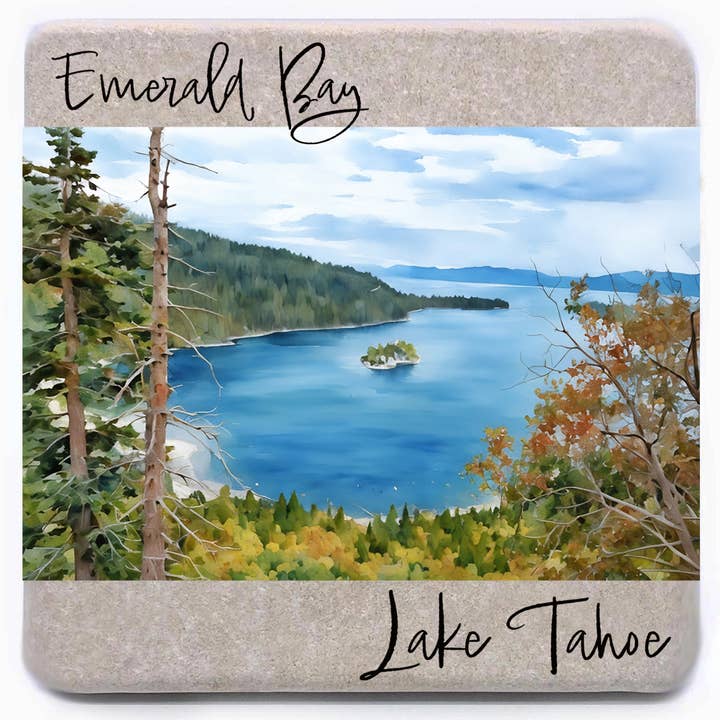 Lake Tahoe Emerald Bay Watercolor Stone Magnet for wholesale by Noomoon