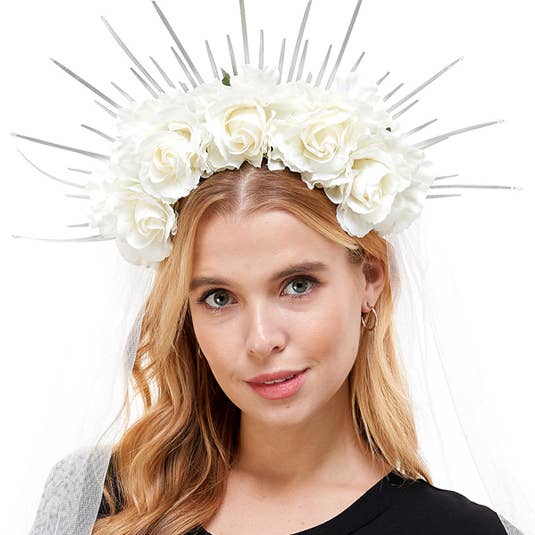 White Rose Halo Crown with Veil for wholesale by KBW Global Corp.