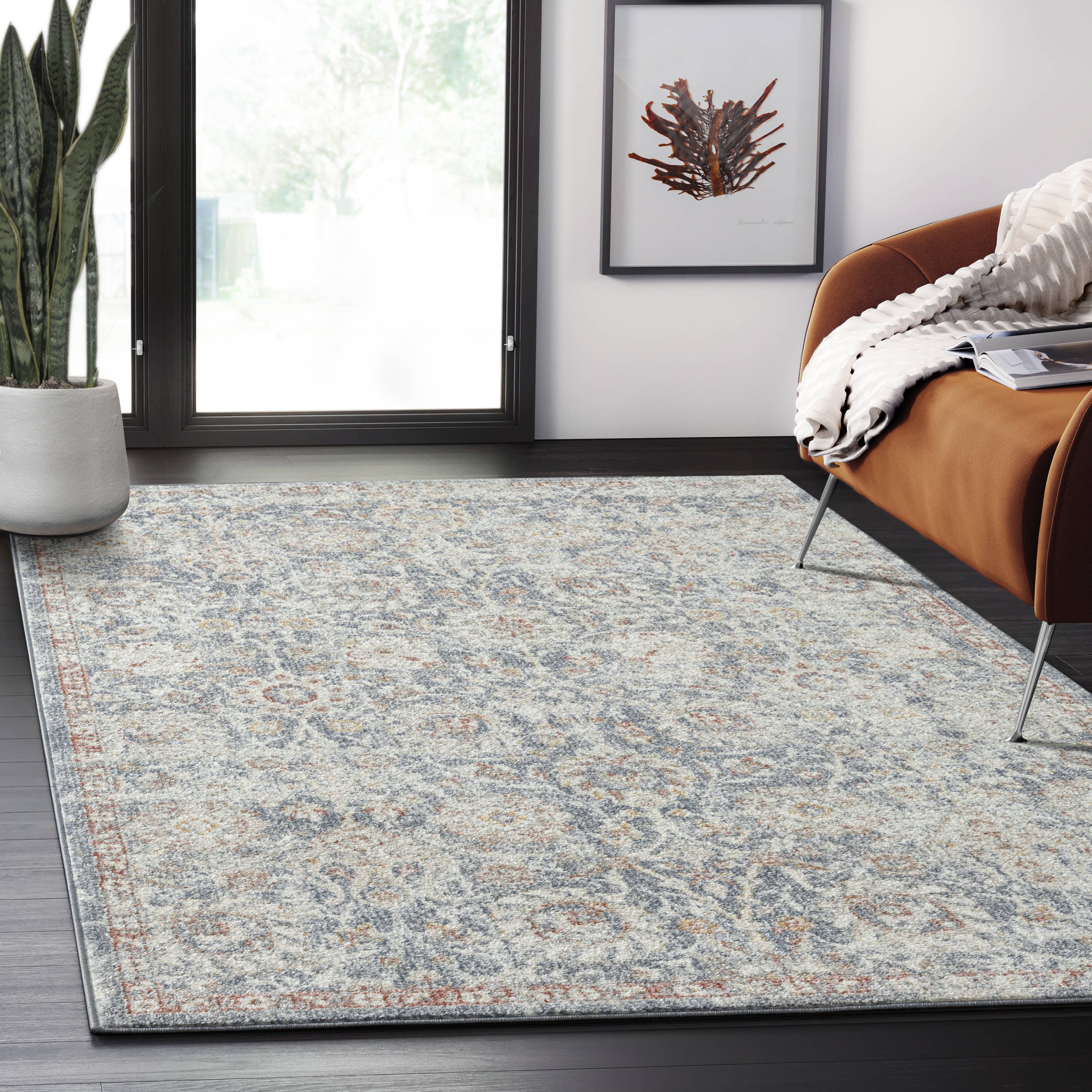 Abani Rugs - Vente Tapis - Tapis de zone floral vintage bleu et beige Abani Milas1
