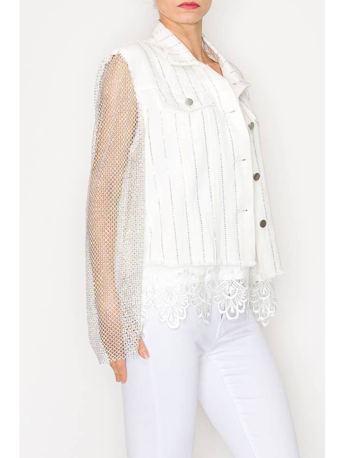 ELFENBEIN Statement-Denimjacke mit funkelnden Details und Netzärmeln - 4777IVORY für den Großhandel auf Faire1