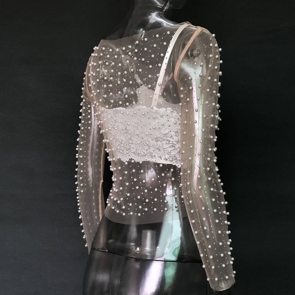 Rosa Clothing - Wholesale Blouse - Women's - pearl rhinestone sheer mesh see through top20