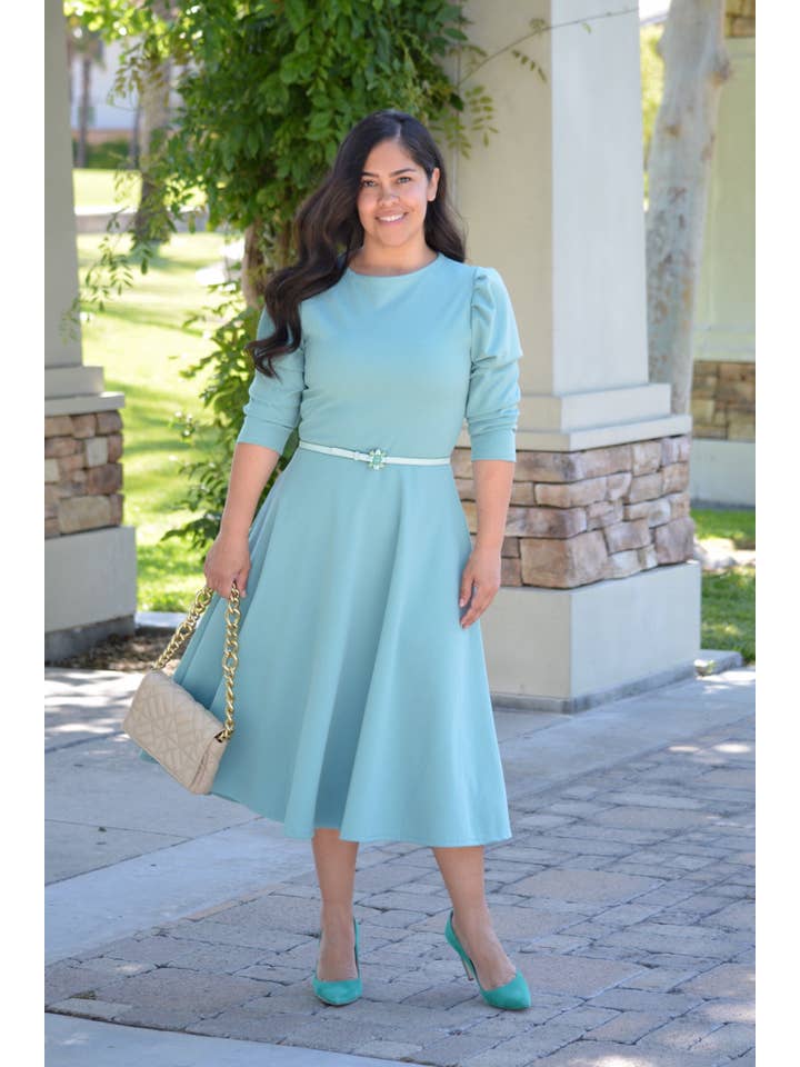 Skirt Society - Venta al por mayor Vestido - Mujer - Vestido Capri Azul Menta Manga Abultada
