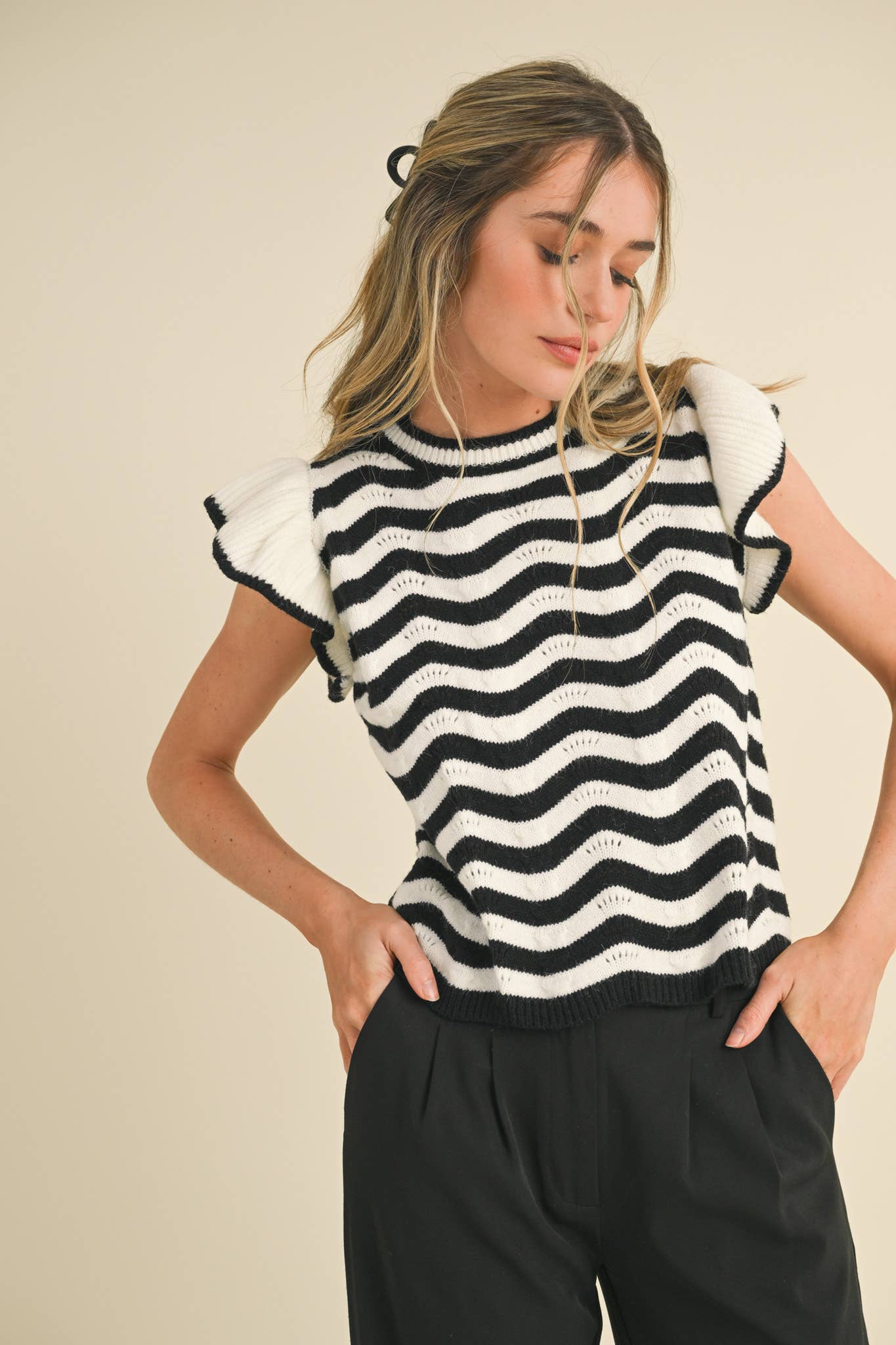 &MERCI - Wholesale Knit Sweater - Women's - WAVY STRIPES FLUTTER SLEEVE SWEATER TOP MSW1050997