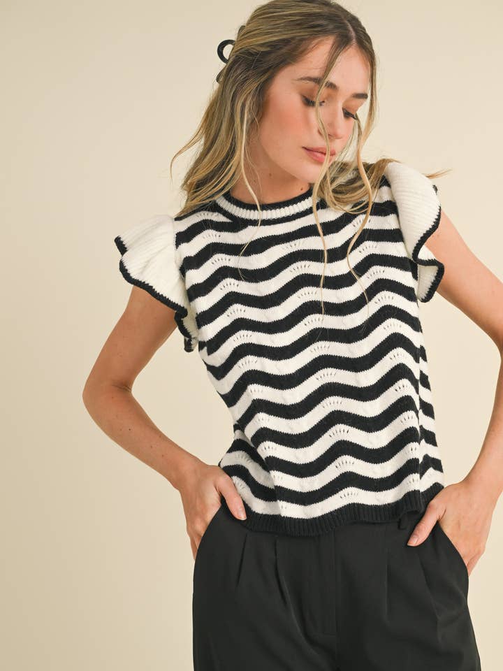 &MERCI - Wholesale Knit Sweater - Women's - WAVY STRIPES FLUTTER SLEEVE SWEATER TOP MSW1050997