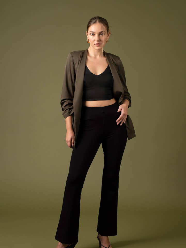 The Workshop Studio - Wholesale Blazer - Women's - COLLARLESS 3/4 RUCHED SLEEVE LONGLINE BLAZER15