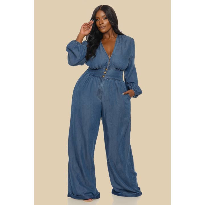 Plus Lsv Washed Dark Denim Jumpsuit for wholesale by DORCAS