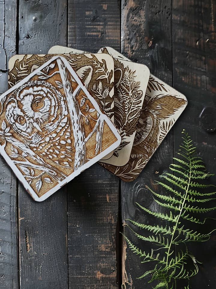 Custom Set of 4 Wildlife Animal Wood Drink Coasters for wholesale by Starlene Designs