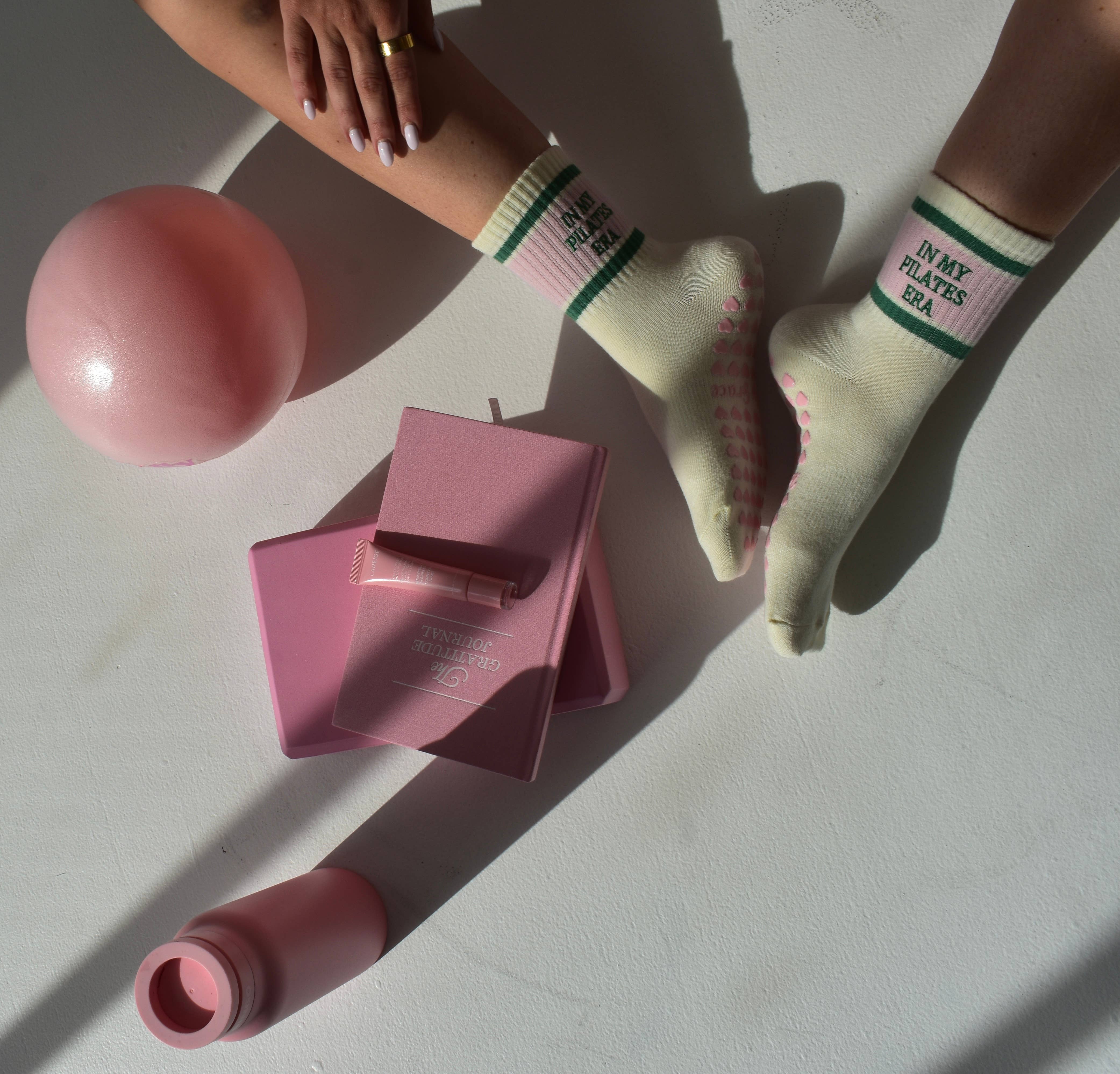 MollyGraceGripSocks - Wholesale Sock Slippers - Women's - In my Pilates era retro pink & green grip sock4