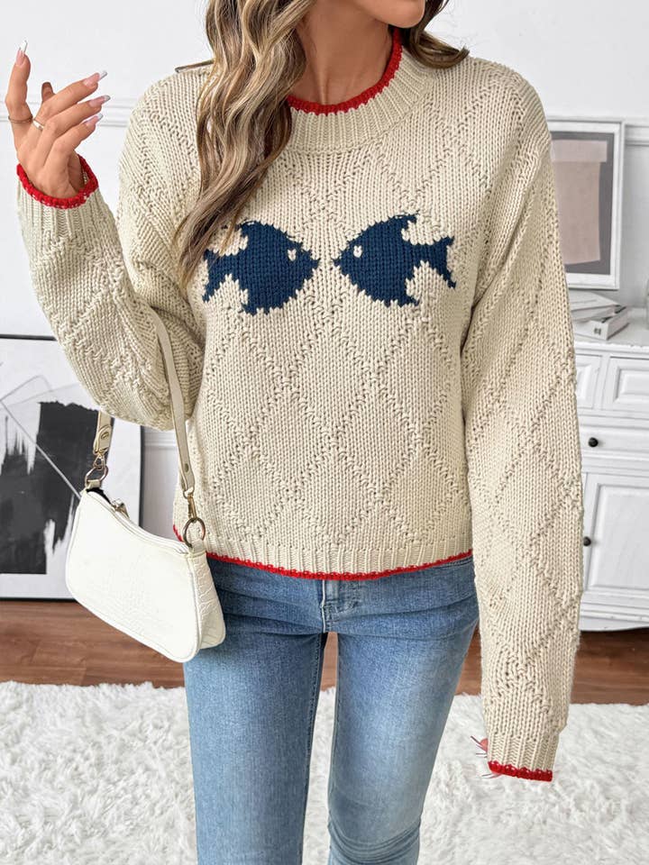 Brown Color Blocked Fish Pattern Round Neck Knitted Sweater for wholesale on Faire