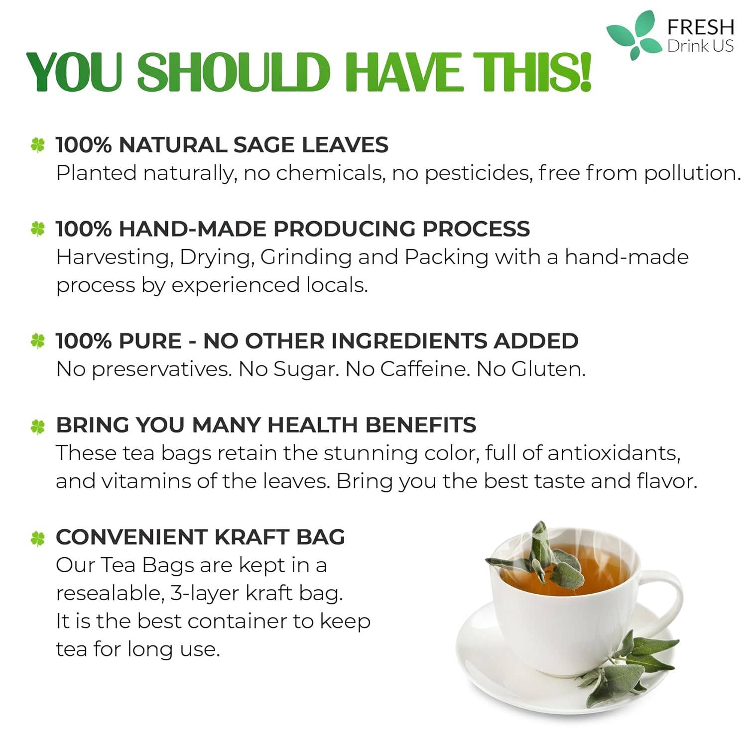 Naomi's Happy Place Shop - Wholesale Tea Bags - Sage Leaf Tea Bags, 100% Natural & Pure from Sage Leaves. Loose Leaf Sage Herbal Tea. Sage Leaf Tea. Made with Natural Material Tea Bags. No Sugar, No Caffeine, No Gluten, Vegan.7