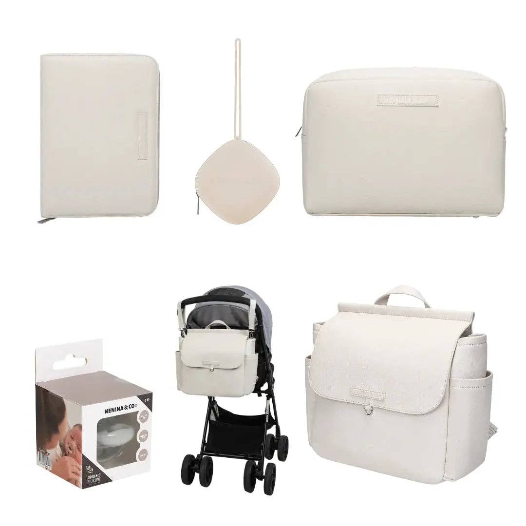Nenina & Co – wholesale Ny mamma presentbox/set – Komplett babyfödselkit: förlossningsväska, skötmatta, necessär, dokumentficka och klassisk napp | Nenina & Co1