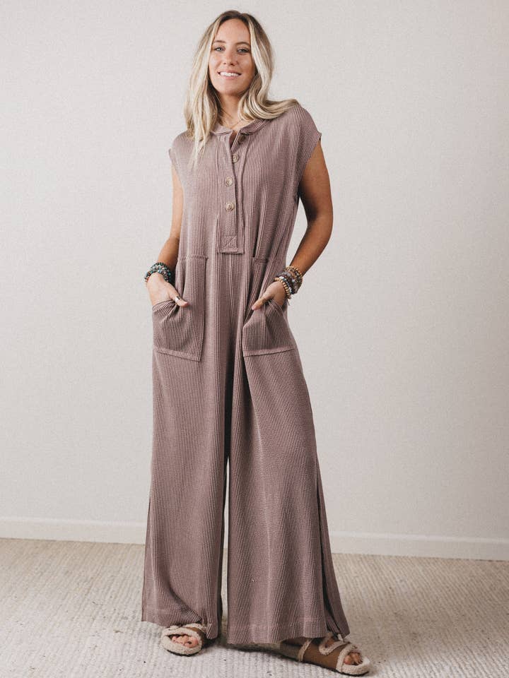 Madeline Textured Jumpsuit - Acorn for wholesale by Three Bird Nest