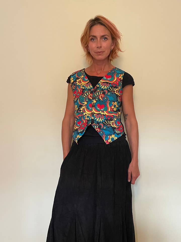 AW42 Funky Retro Heart Print Unisex Waistcoat for wholesale by Emma's Emporium