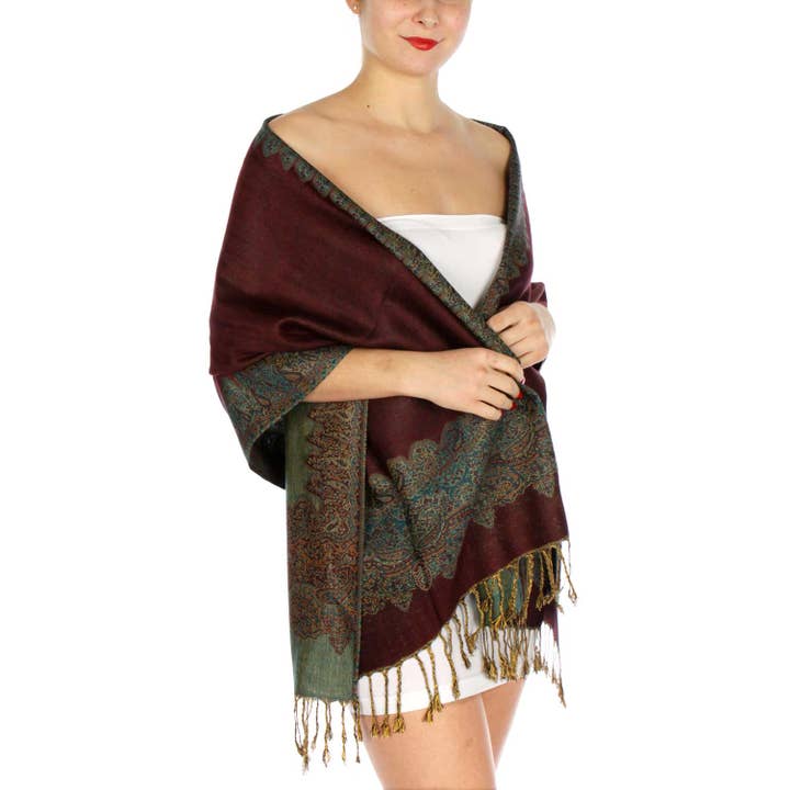 SERENITA – wholesale Scarf – Women's – Pashmina Scarf Paisley Border Reversible Wrap Wedding Shawl