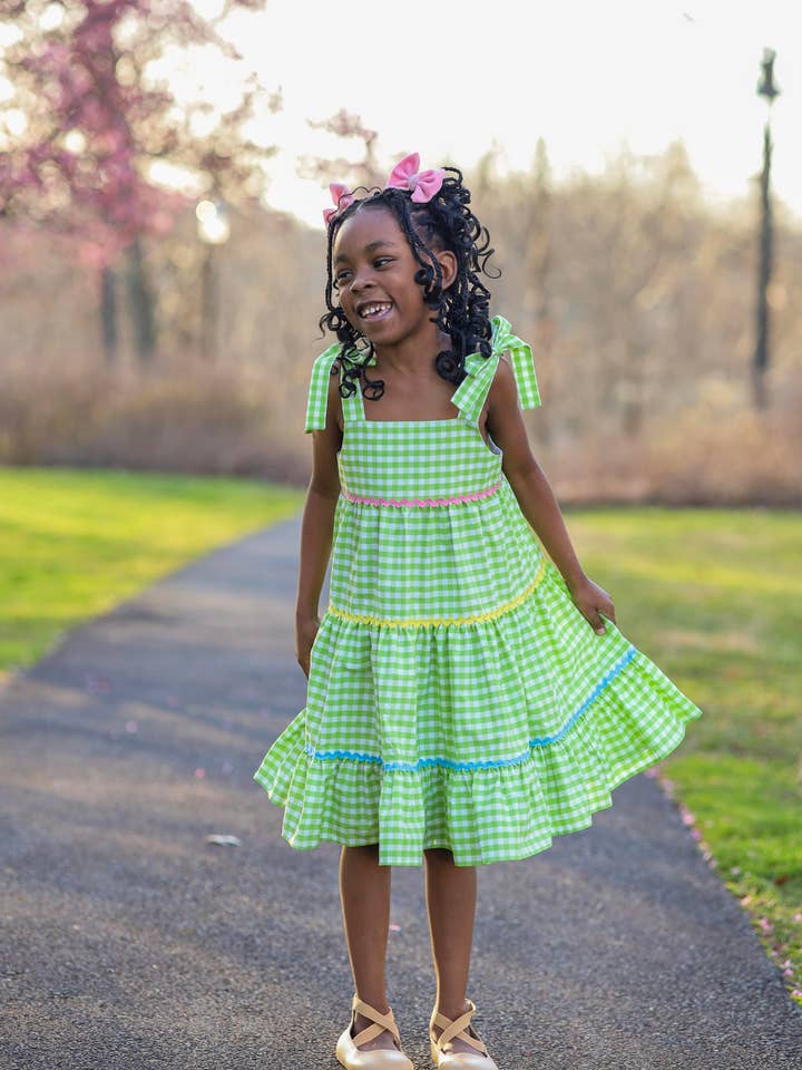 Posh Pickle - Wholesale Dress - Kids - Fore! Girls' Tie Shoulder Gingham Tiered Dress