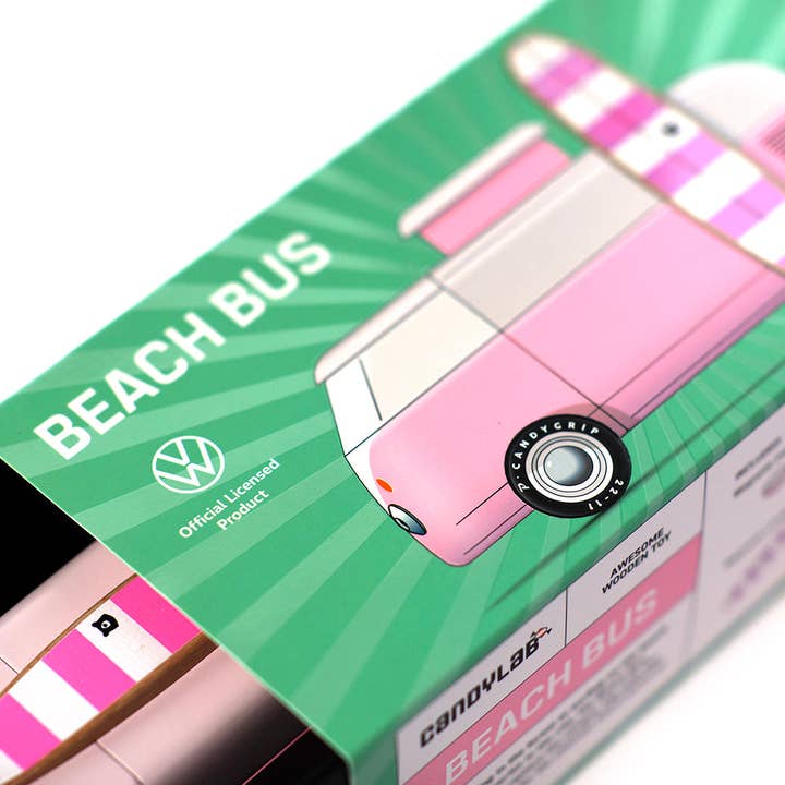Candylab Toys – Engroshandel Legetøjsbil/lastbil - Børn – VW Beach Bus i pink med magnetic camper top og surfbræt3
