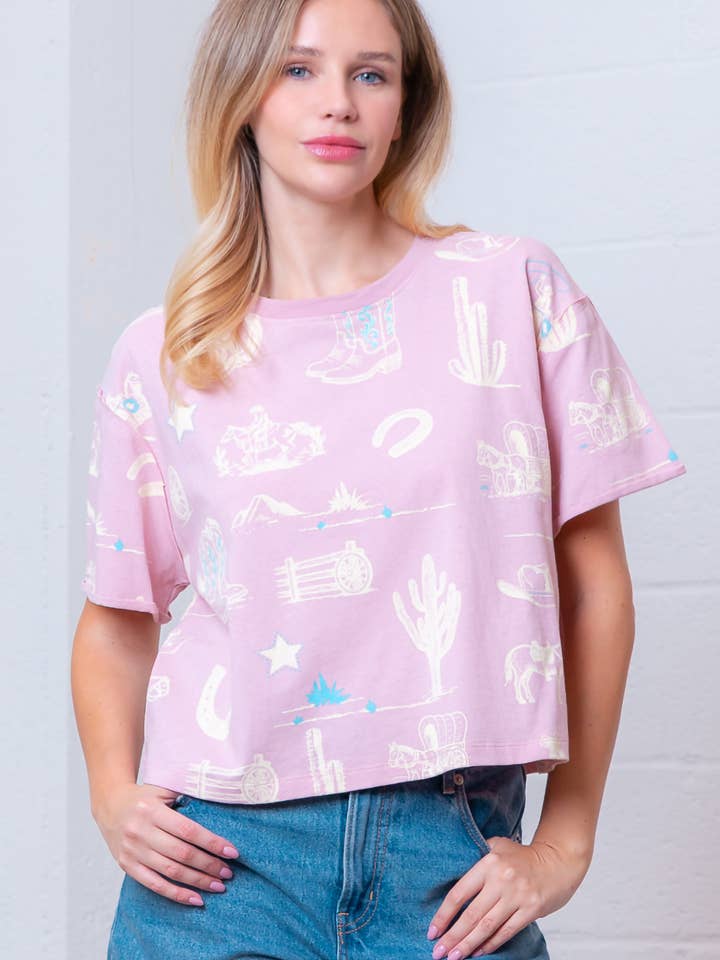 Taelynn - Vendita all'ingrosso Maglietta - Donna - HT28781T-MAGLIETTA A MANICHE CORTE CON STAMPA WESTERN E SCOLLO ROTONDO28