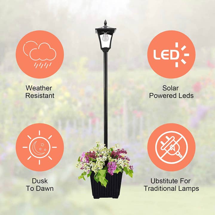 OutdoorSolarOutlet - Wholesale Outdoor/Lawn Light - 64 Inch Solar Lamp Post Lights Outdoor with Planter, 70 Lumen Solar Powered with 4 Adjustable Height- Black
