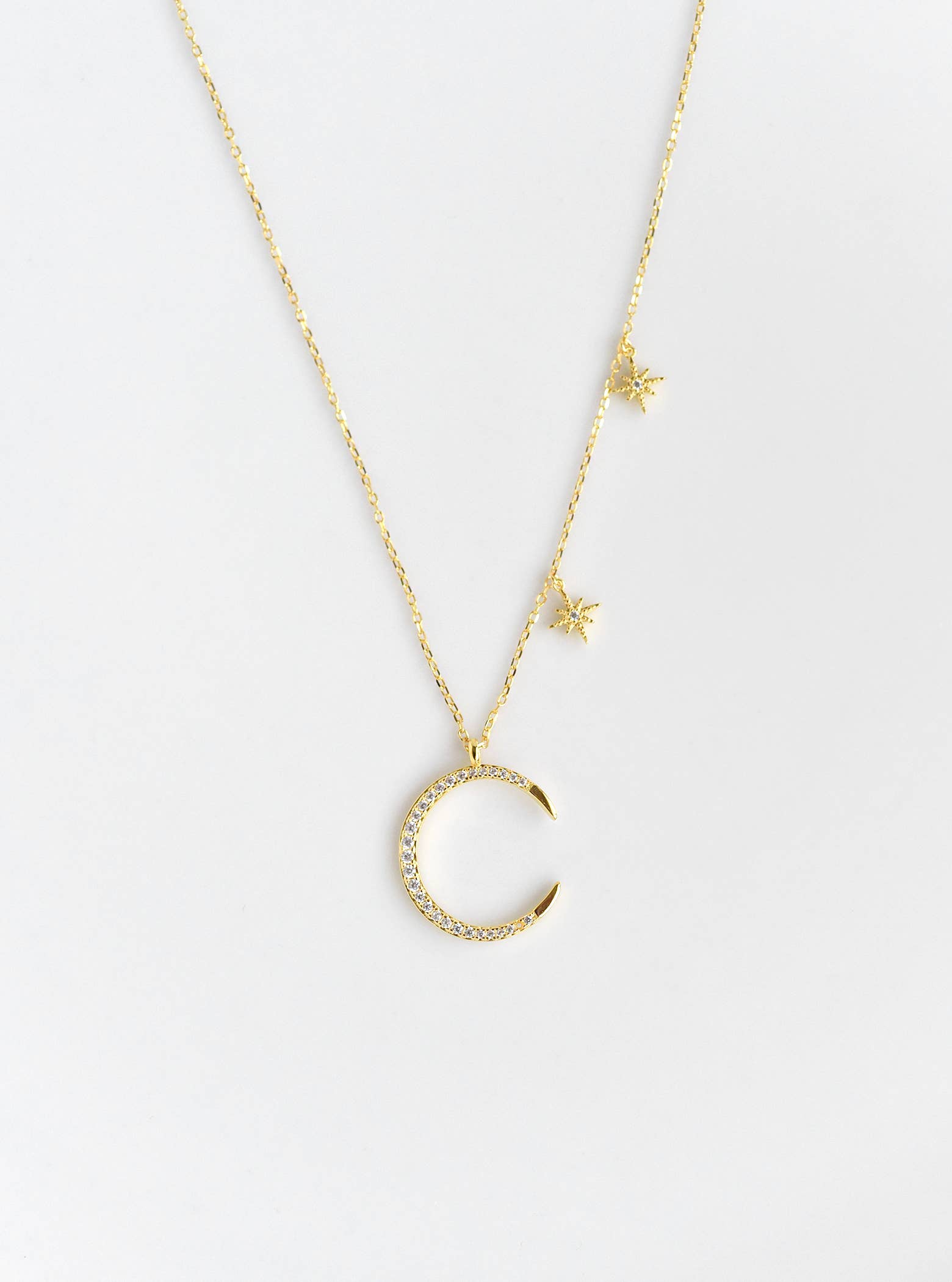 FELIX Z DESIGNS - Wholesale Pendant/Charm Necklace - 16"+2" 925 Silver CZ Crescent Necklace w/ 2 Dangling Stars1