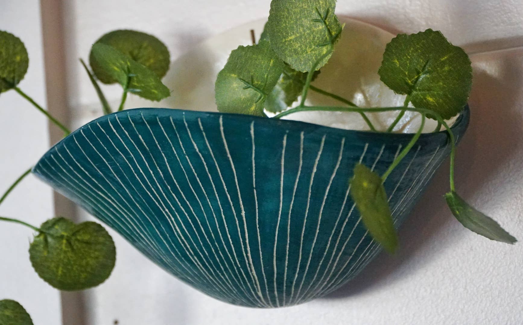 Half Light Honey - Wholesale Wall Planter - Vertical Line Wall Planter in Glazed Teal & White4