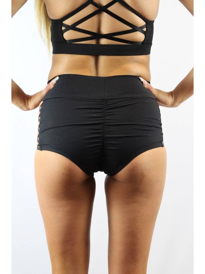 Rarr Designs - Wholesale Athletic Shorts - Women's - Matte Black Criss Cross Mid Waist Booty Shorts | Pole Wear