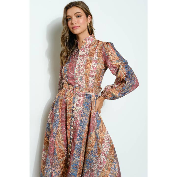 BROWN MULTI Long Sleeves Paisley Print Belted-Waist Midi Dress for wholesale on Faire