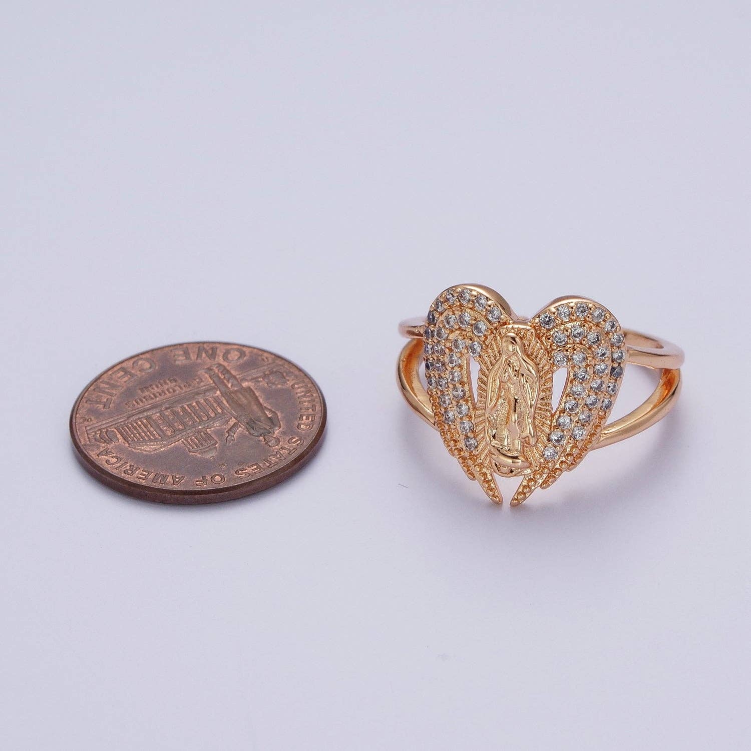 Aim Eternal - Wholesale Multi-Stone Ring - Micro Pave Gold Vintage Lady Guadalupe Ring with Angel Wing for Statement Religious Jewelry V-0492