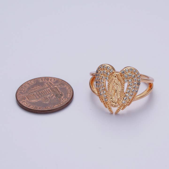 Aim Eternal - Wholesale Multi-Stone Ring - Micro Pave Gold Vintage Lady Guadalupe Ring with Angel Wing for Statement Religious Jewelry V-0492