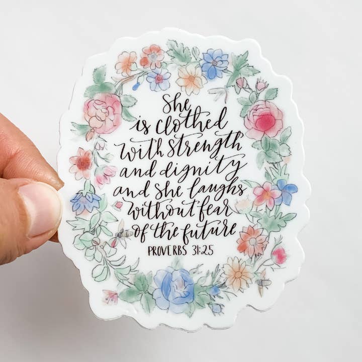 Clothed in Strength Floral Sticker Decal for wholesale by Wildflower Paper Company