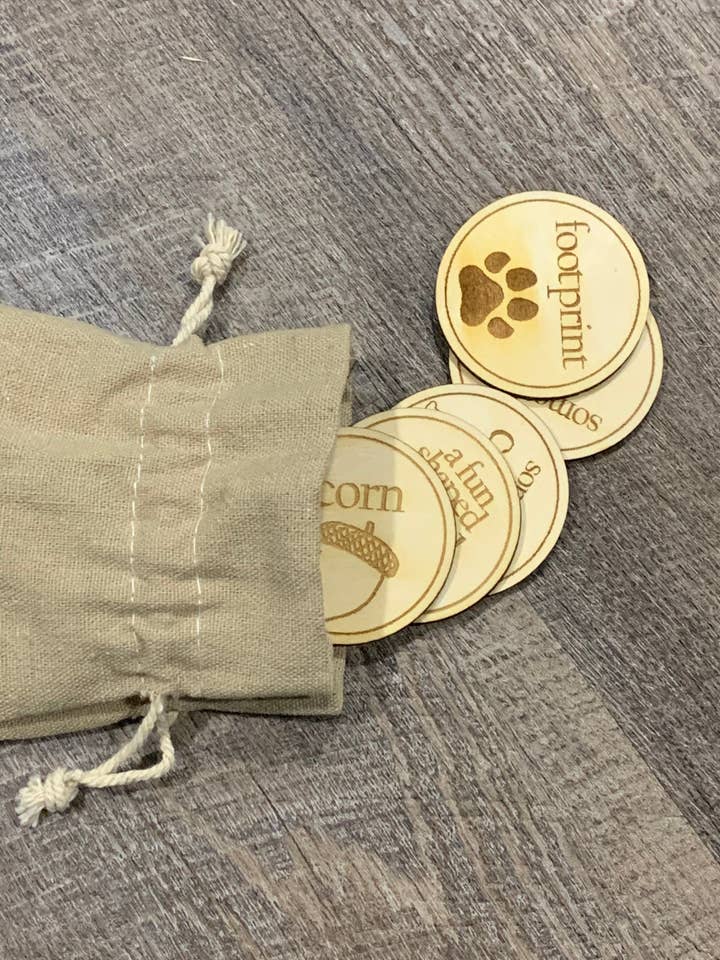 Scavenger Hunt wooden token search and find camping game with bag storage for wholesale by A Little Something