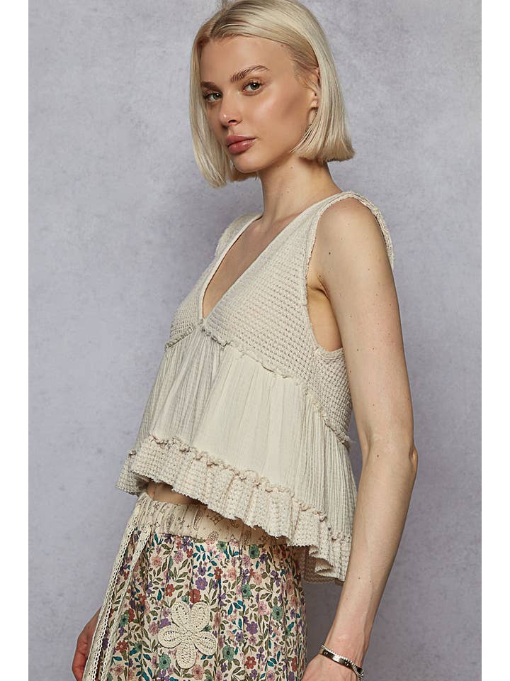 Pol Clothing - Wholesale Knit Top - Women's - Sleeveless contrast thermal cropped babydoll top SALE18